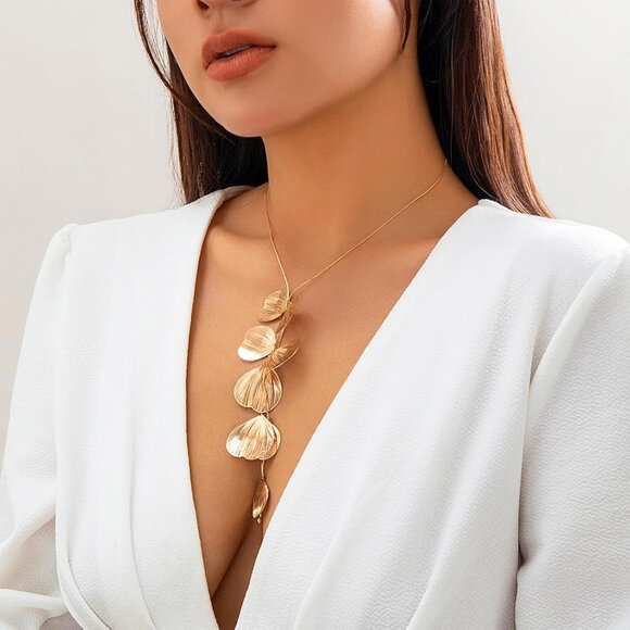 Women's Statement Gold Ginkgo Leaves Choker Long Tassel Beachy Party Necklace - Picture 5 of 9